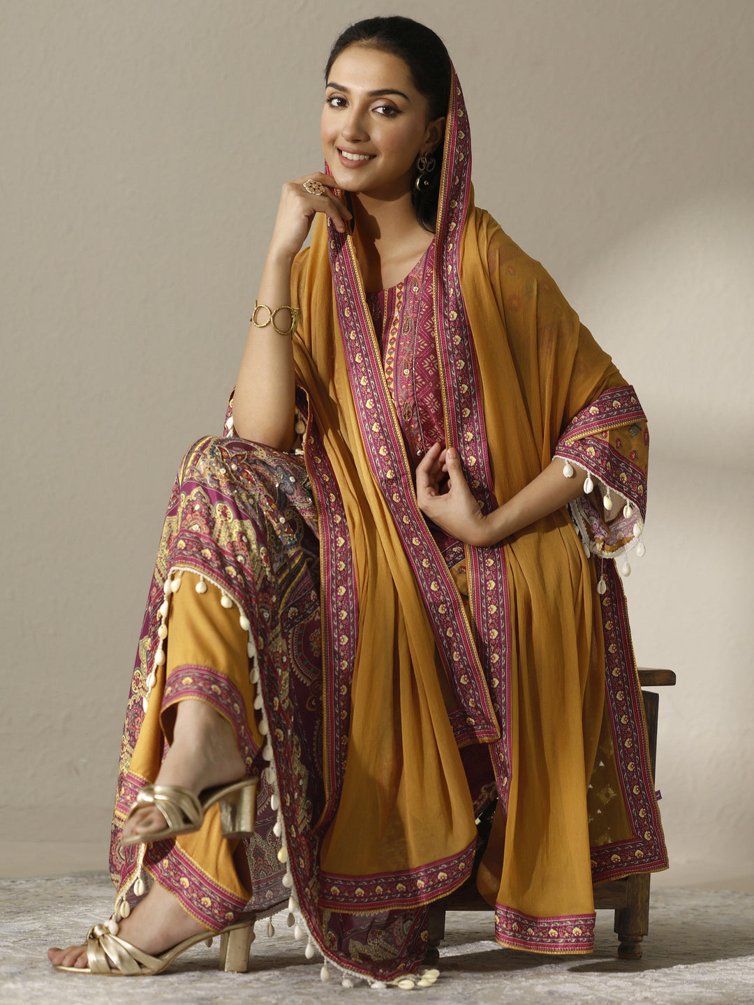 Mustard Printed Muslin Straight Suit Set With Dupatta