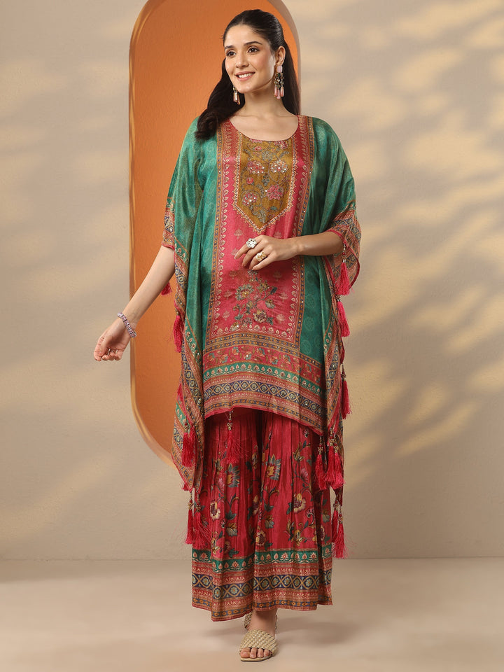 Green Printed Silk Blend A-Line Kurta Set