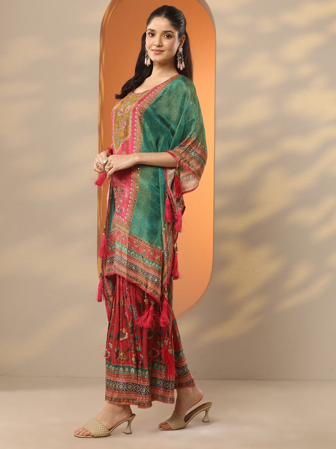 Green Printed Silk Blend A-Line Kurta Set