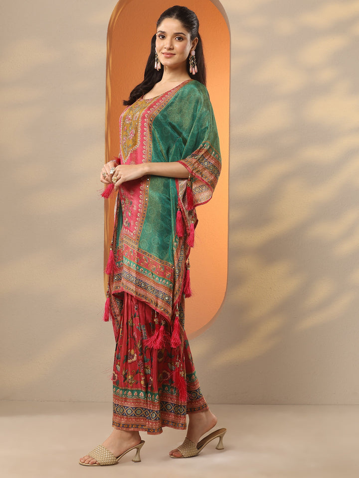 Green Printed Silk Blend A-Line Kurta Set