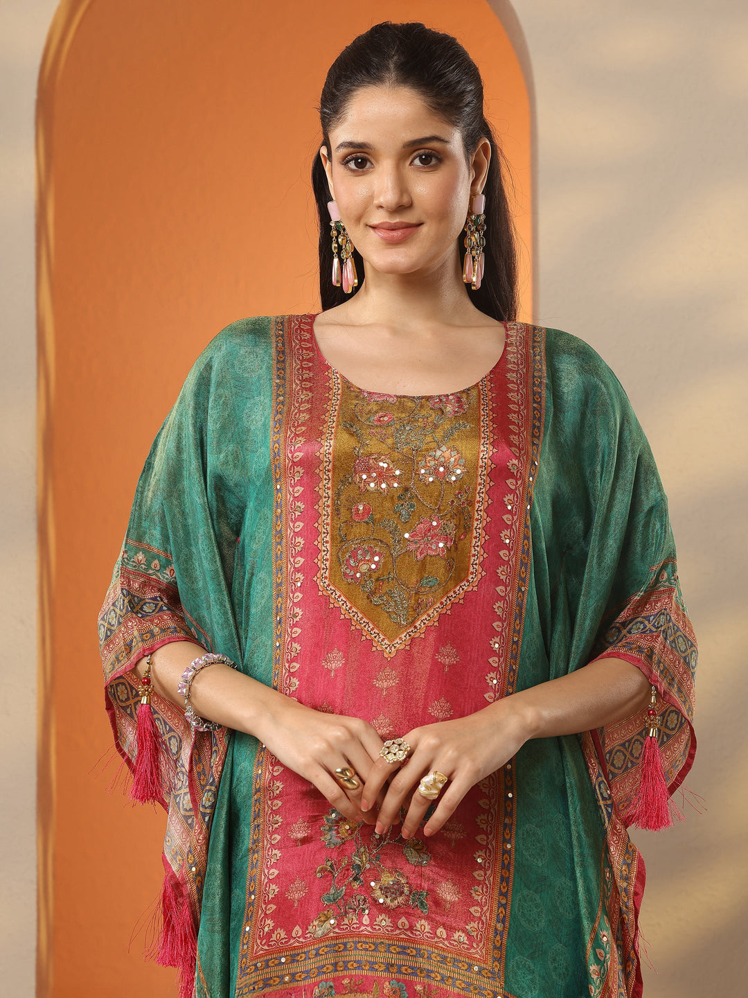 Green Printed Silk Blend A-Line Kurta Set