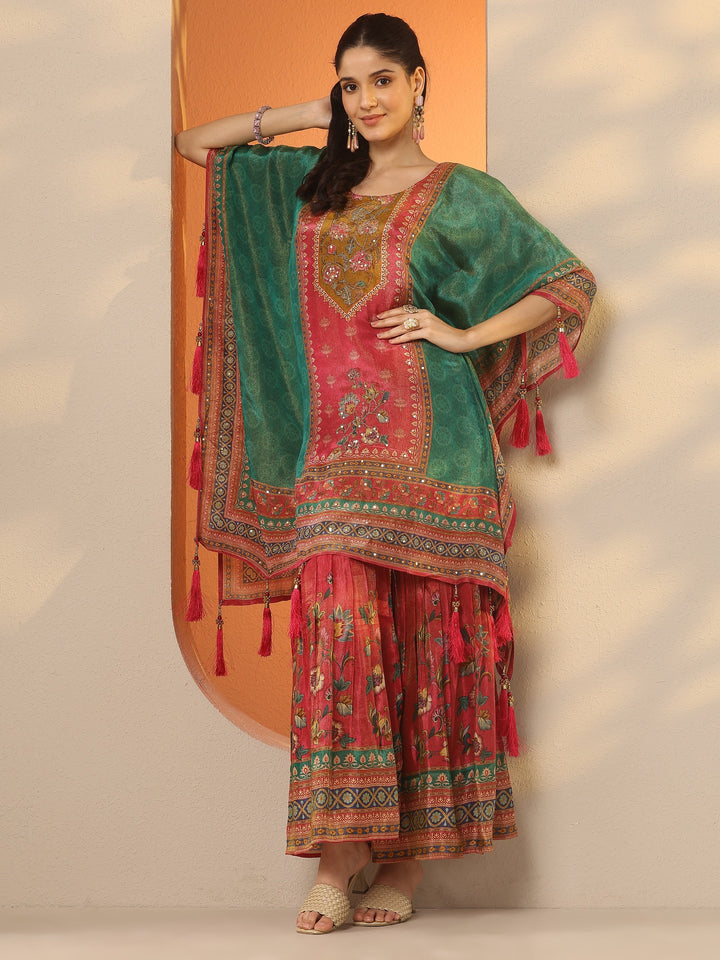 Green Printed Silk Blend A-Line Kurta Set