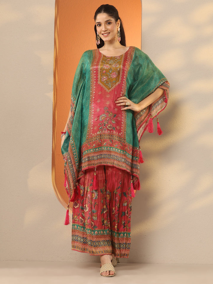 Green Printed Silk Blend A-Line Kurta Set