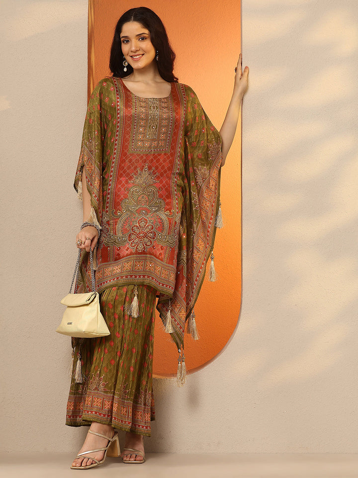 Green Printed Silk Blend Straight Kurta Set