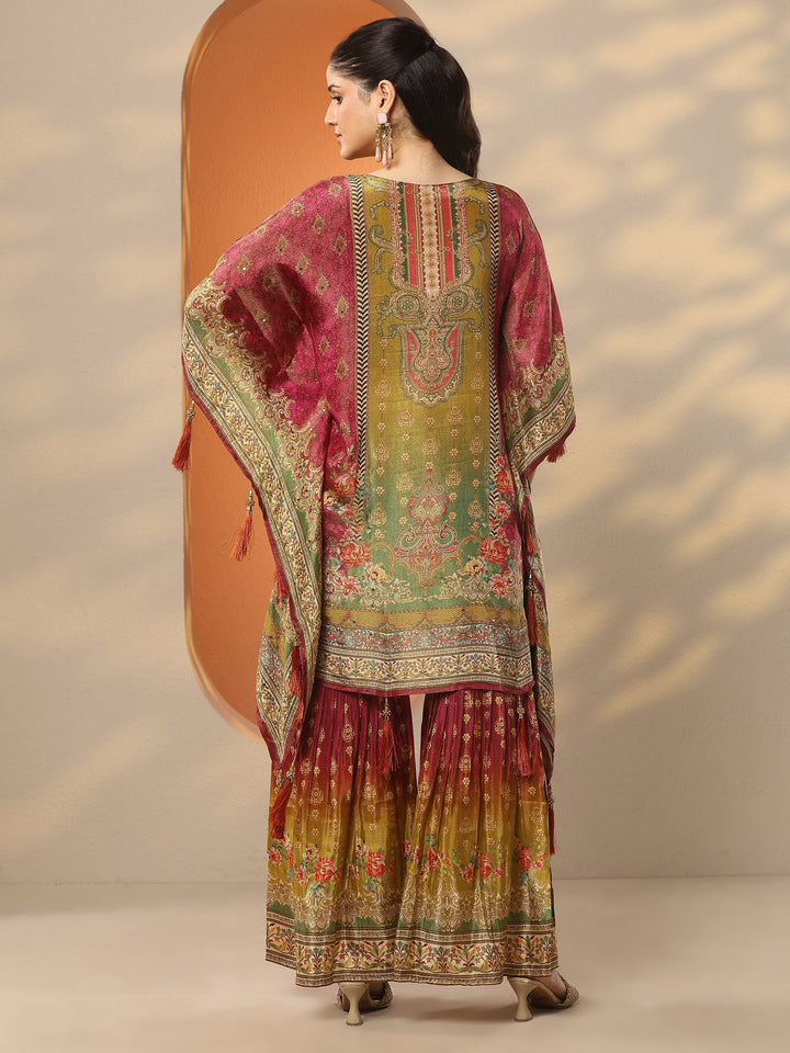 Magenta Printed Silk Blend Straight Kurta Set