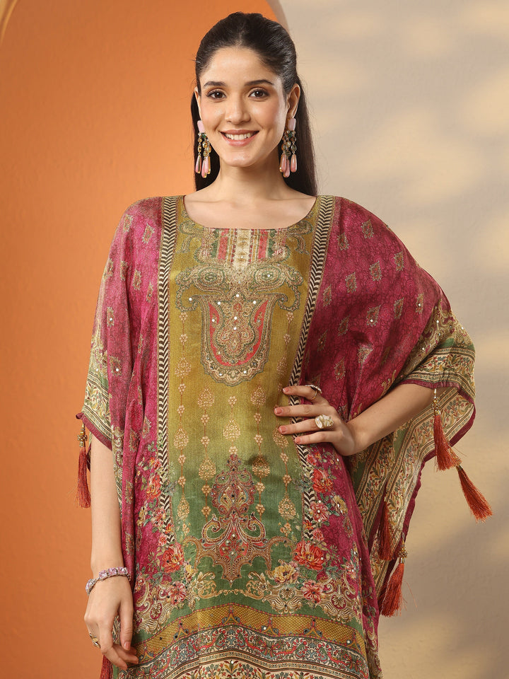 Magenta Printed Silk Blend Straight Kurta Set
