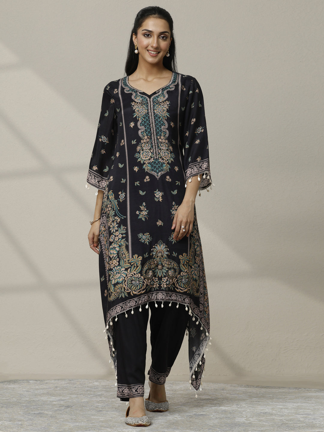 Black Printed Muslin Straight Kurta Set