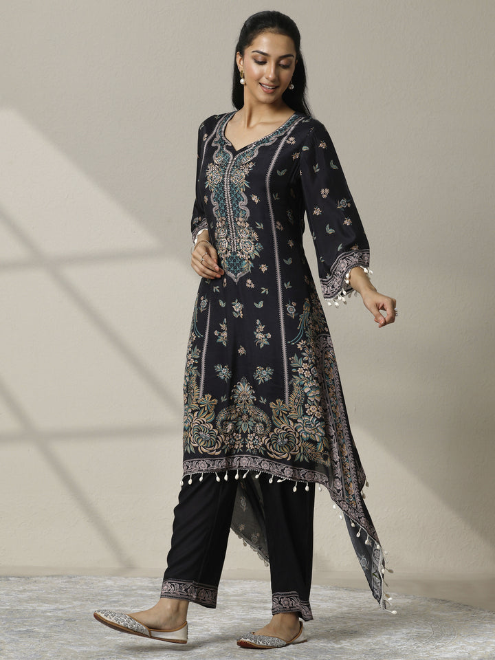 Black Printed Muslin Straight Kurta Set
