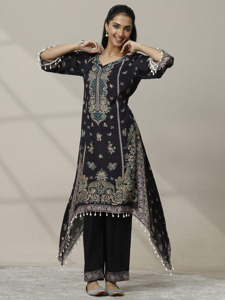 Black Printed Muslin Straight Kurta Set