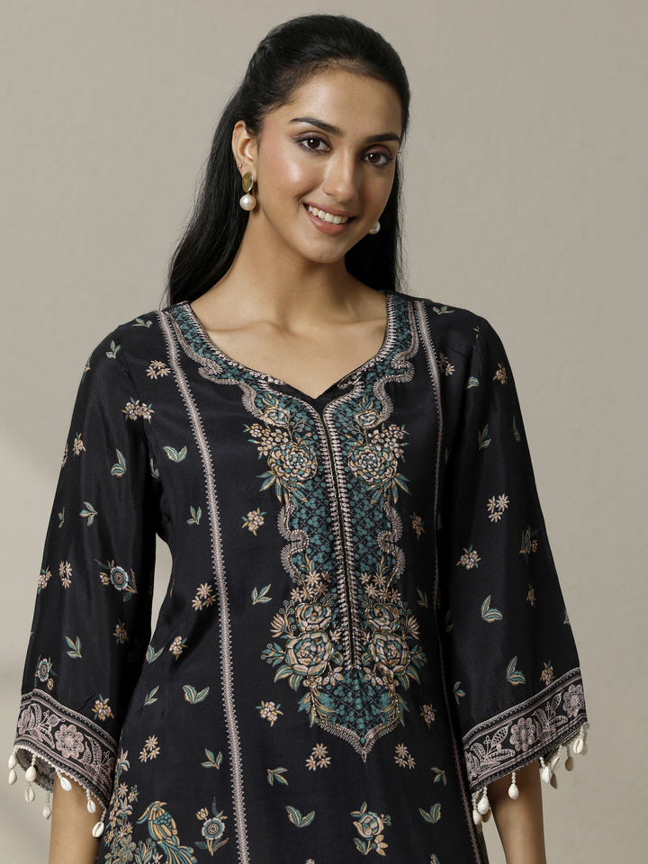 Black Printed Muslin Straight Kurta Set