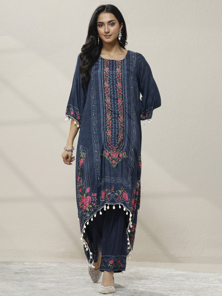 Blue Printed Muslin Straight Kurta Set