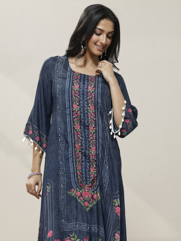 Blue Printed Muslin Straight Kurta Set