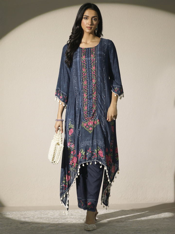 Blue Printed Muslin Straight Kurta Set