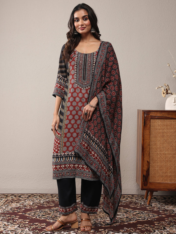 Rust Printed Silk Blend Straight Suit Set With Dupatta