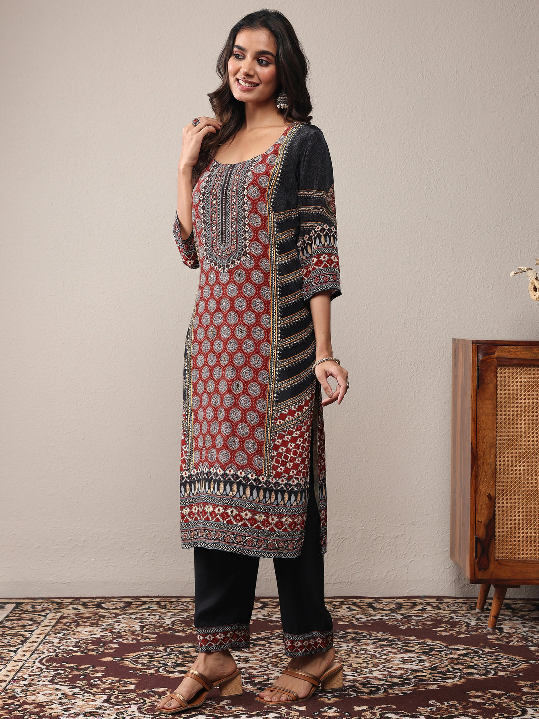 Rust Printed Silk Blend Straight Suit Set With Dupatta