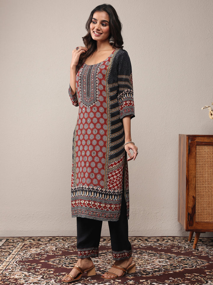 Rust Printed Silk Blend Straight Suit Set With Dupatta