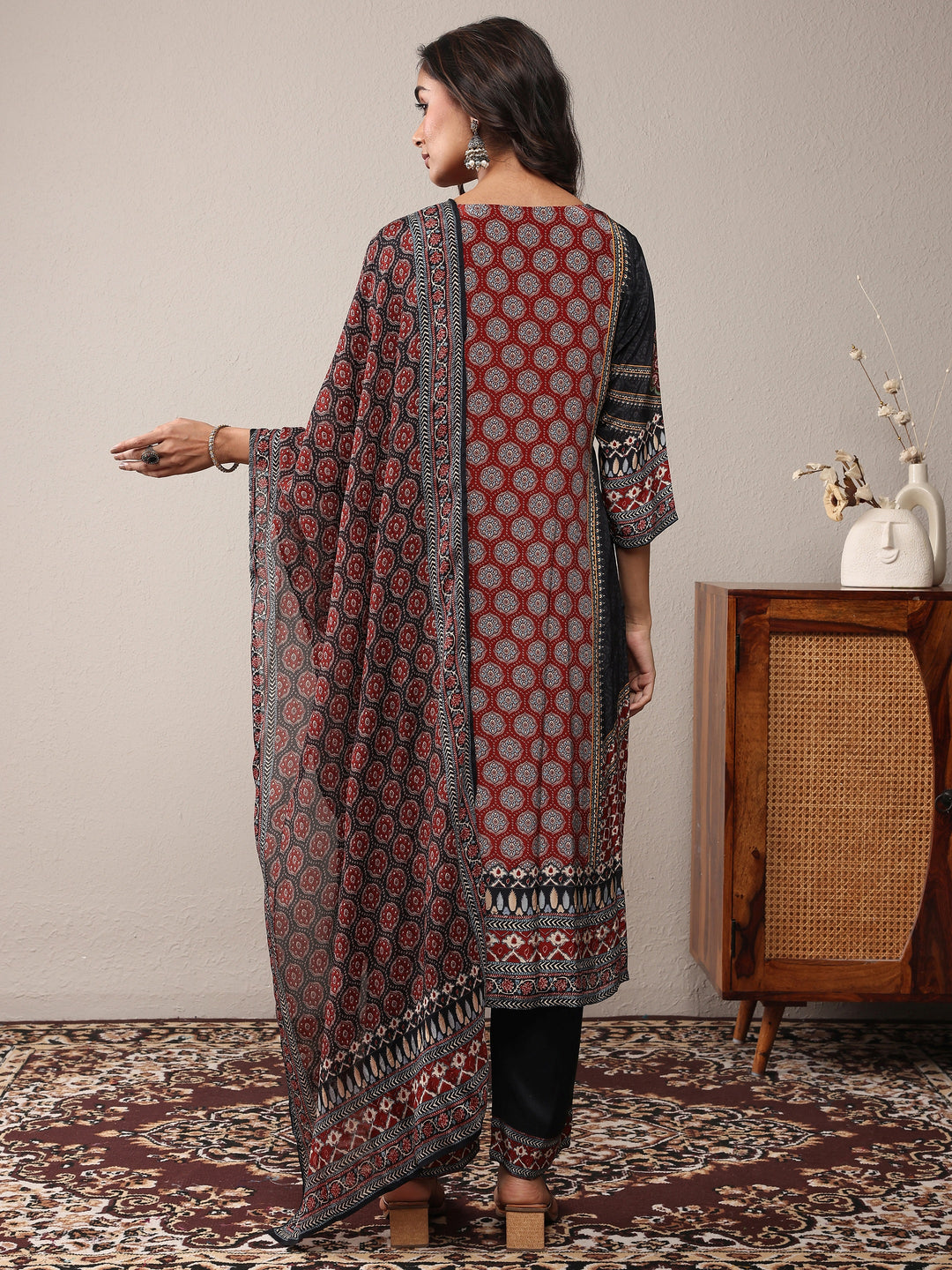 Rust Printed Silk Blend Straight Suit Set With Dupatta