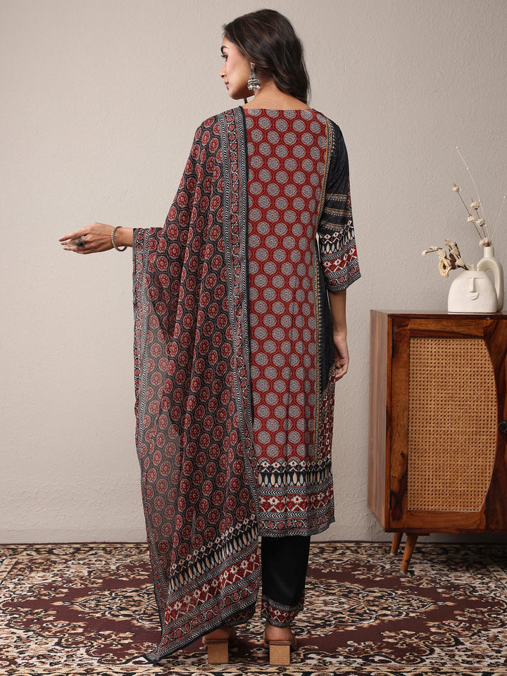 Rust Printed Silk Blend Straight Suit Set With Dupatta