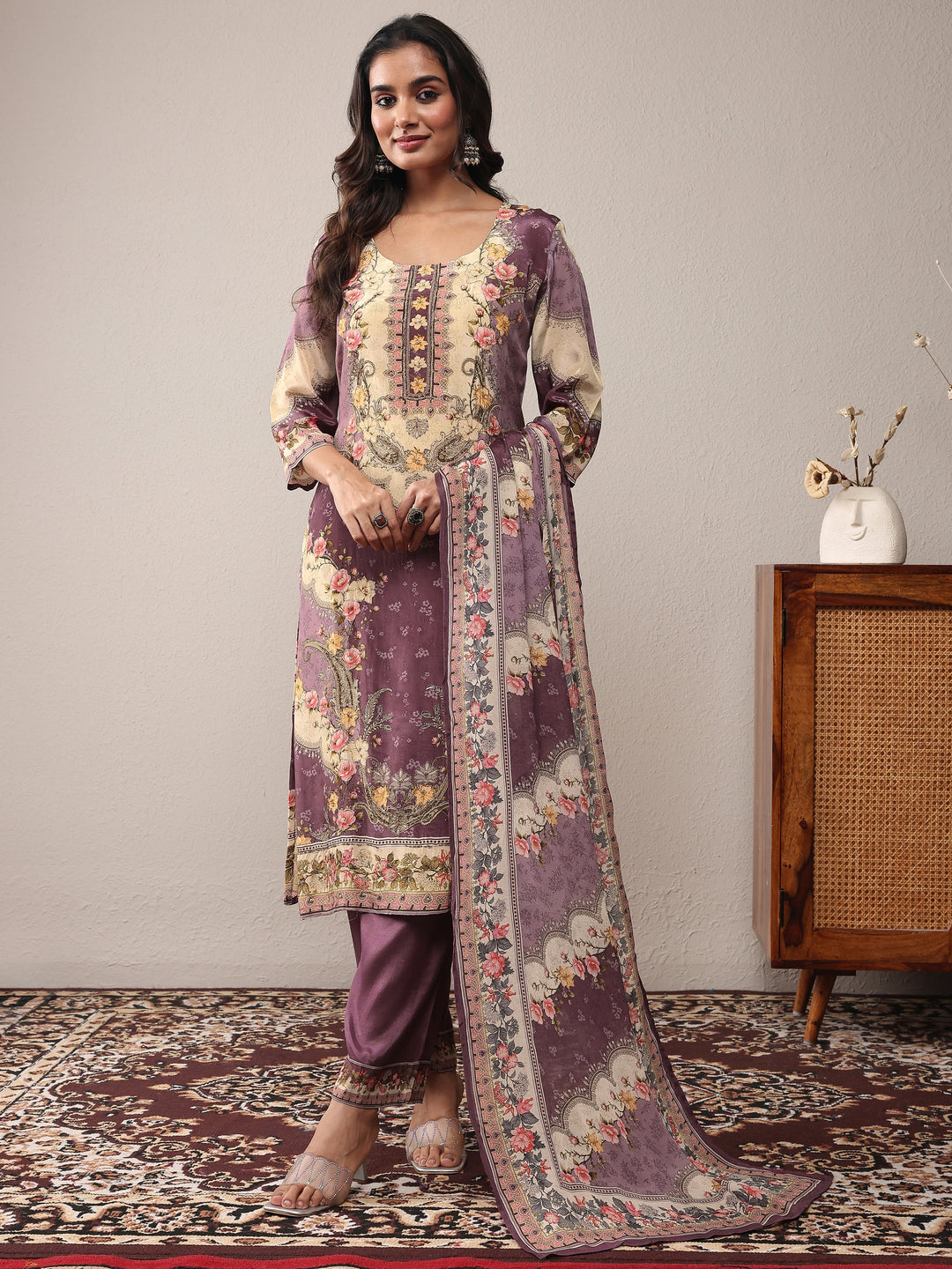Mauve Printed Silk Blend Straight Suit Set With Dupatta