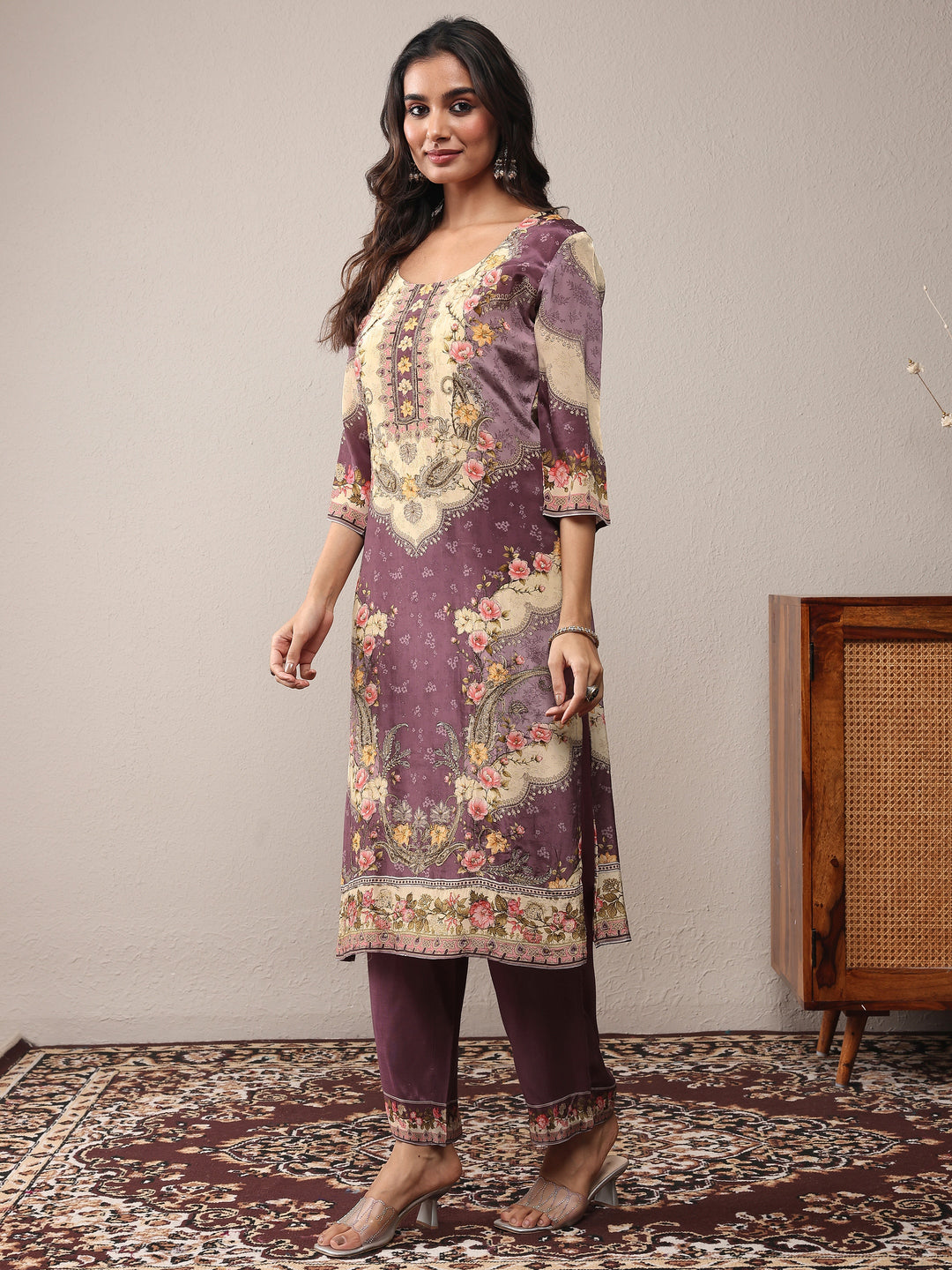 Mauve Printed Silk Blend Straight Suit Set With Dupatta