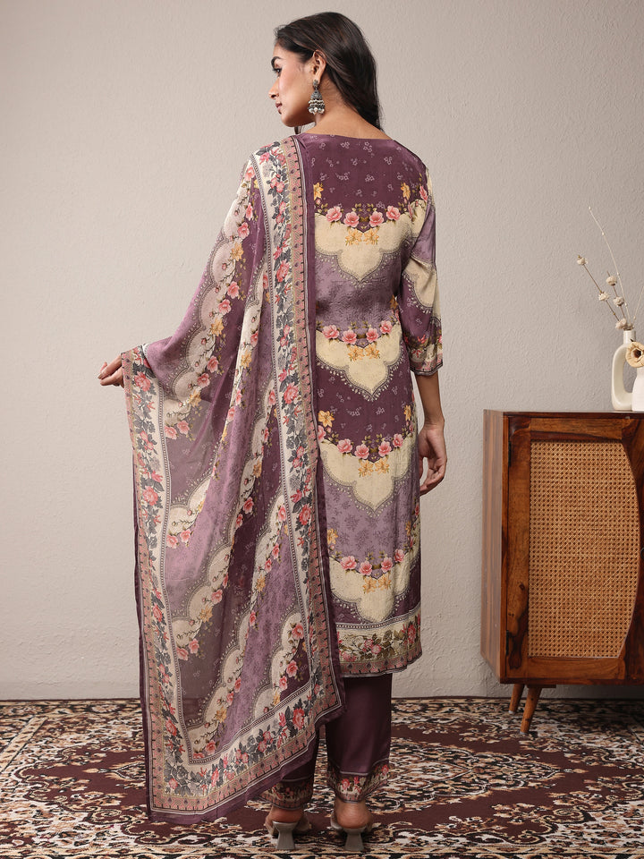 Mauve Printed Silk Blend Straight Suit Set With Dupatta