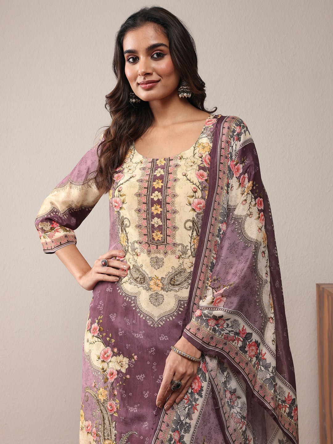 Mauve Printed Silk Blend Straight Suit Set With Dupatta