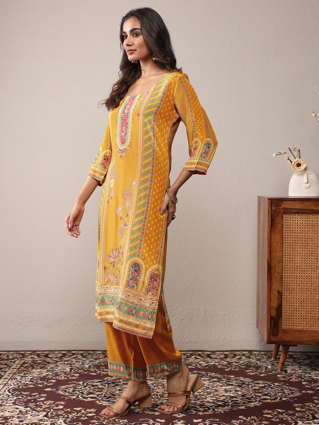 Mustard Printed Silk Blend Straight Suit Set With Dupatta