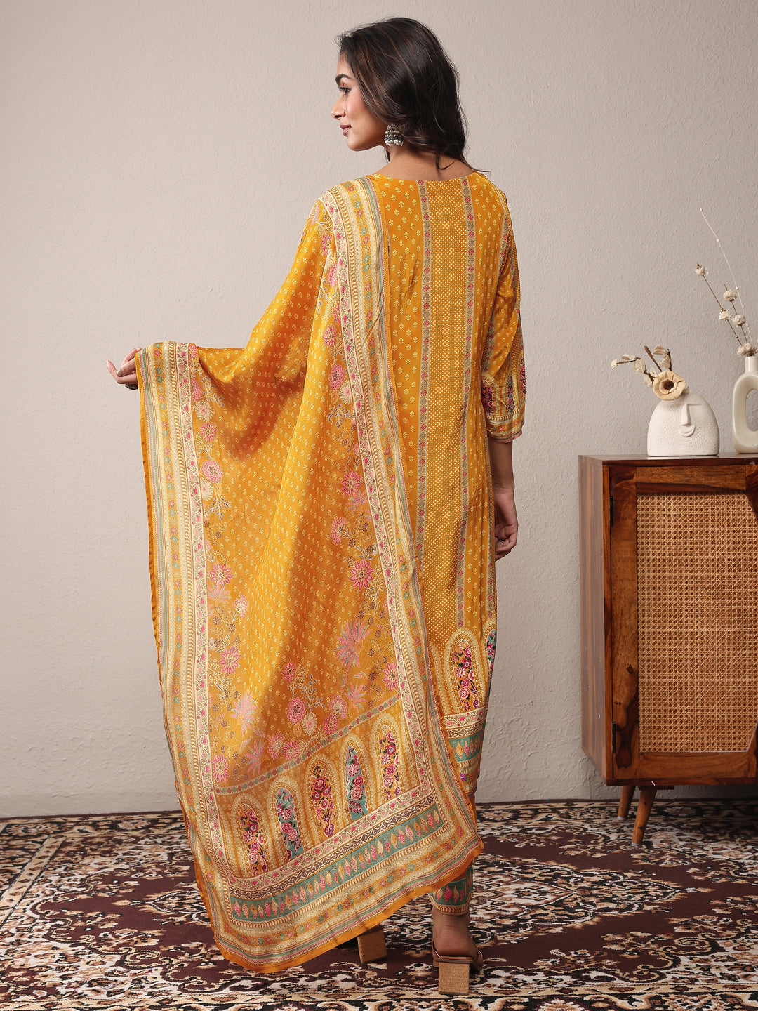 Mustard Printed Silk Blend Straight Suit Set With Dupatta