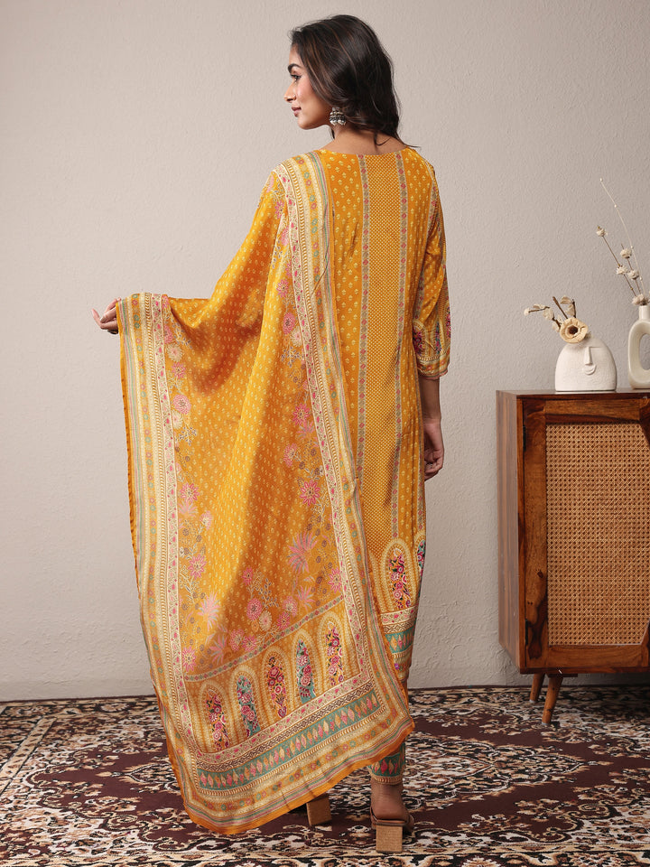 Mustard Printed Silk Blend Straight Suit Set With Dupatta