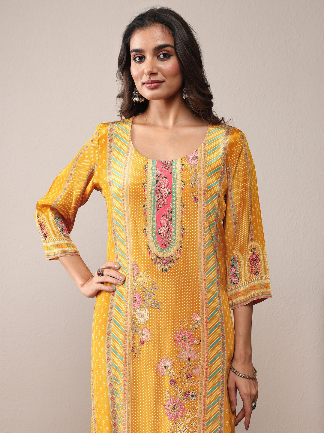 Mustard Printed Silk Blend Straight Suit Set With Dupatta