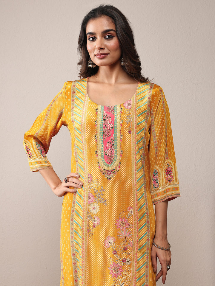 Mustard Printed Silk Blend Straight Suit Set With Dupatta