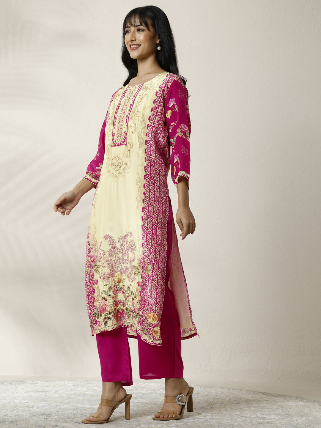 Cream Printed Muslin Straight Suit Set With Dupatta