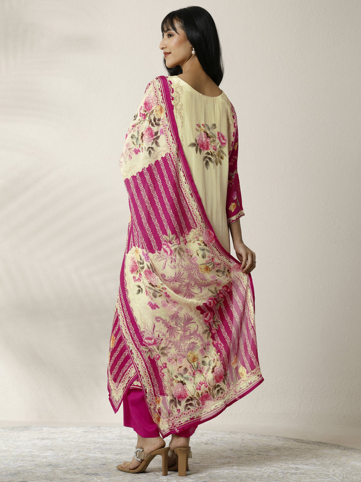 Cream Printed Muslin Straight Suit Set With Dupatta