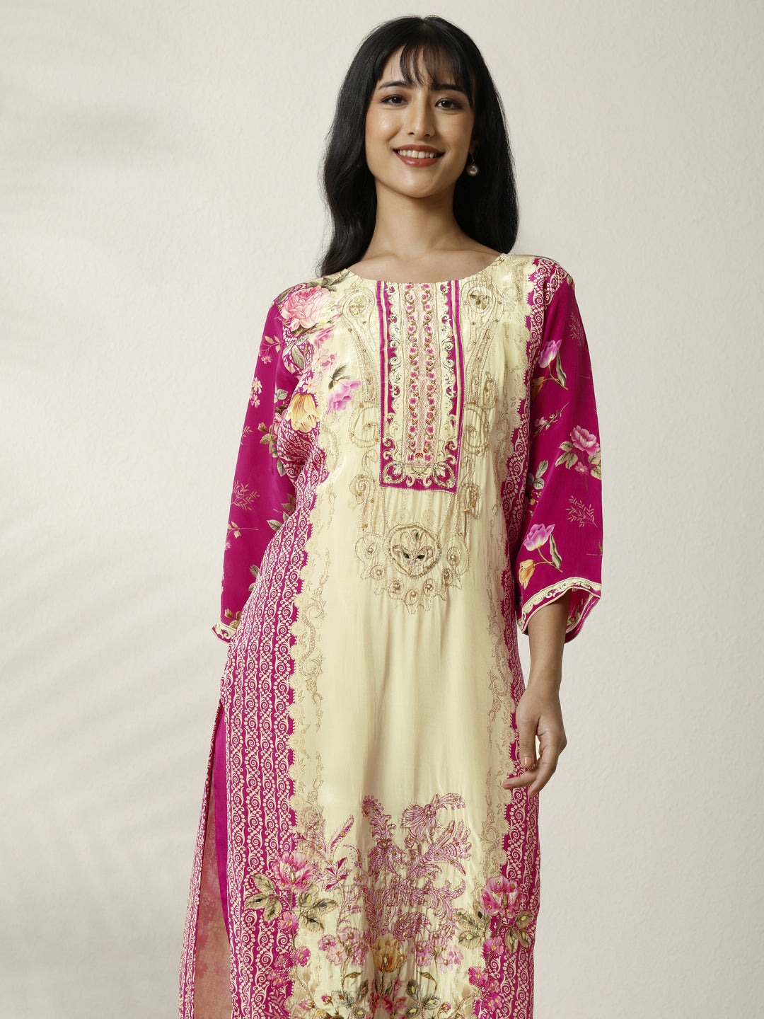 Cream Printed Muslin Straight Suit Set With Dupatta