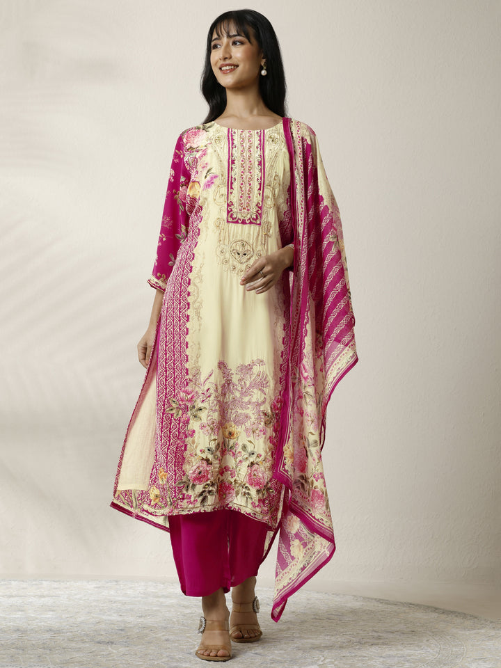 Cream Printed Muslin Straight Suit Set With Dupatta