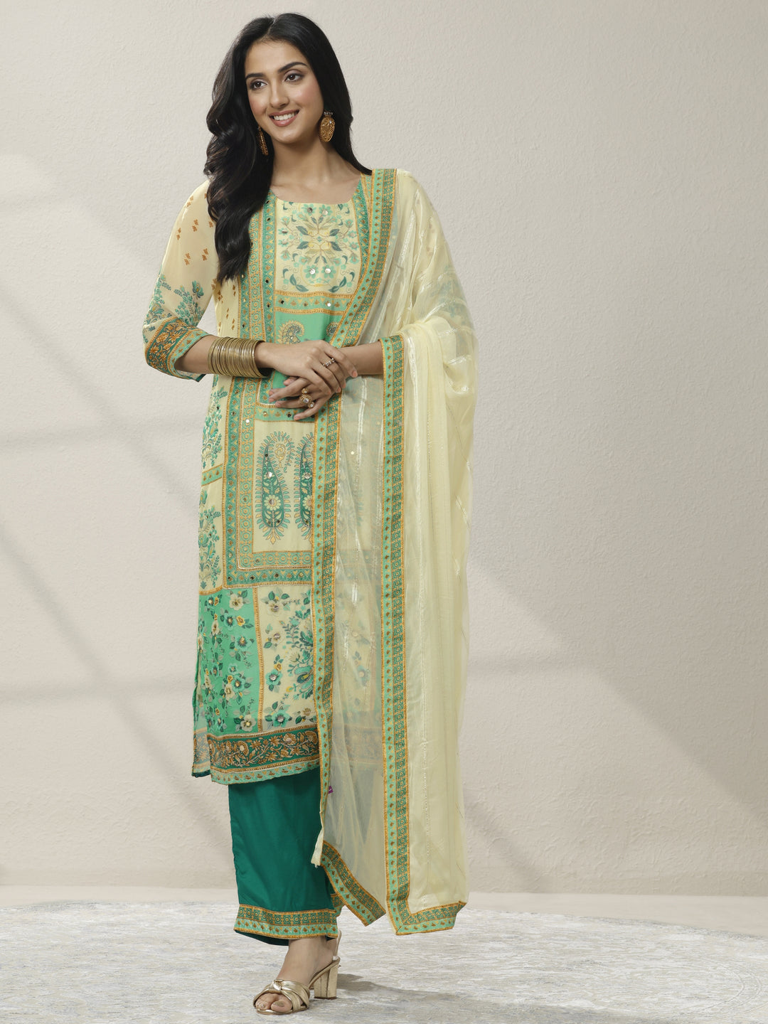 Cream Printed Organza Straight Suit Set With Dupatta