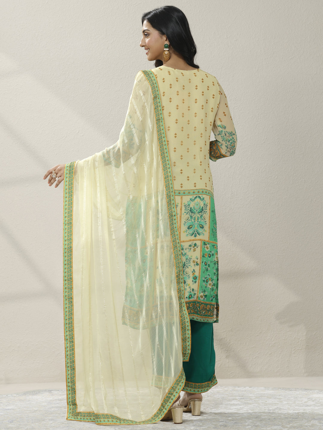 Cream Printed Organza Straight Suit Set With Dupatta