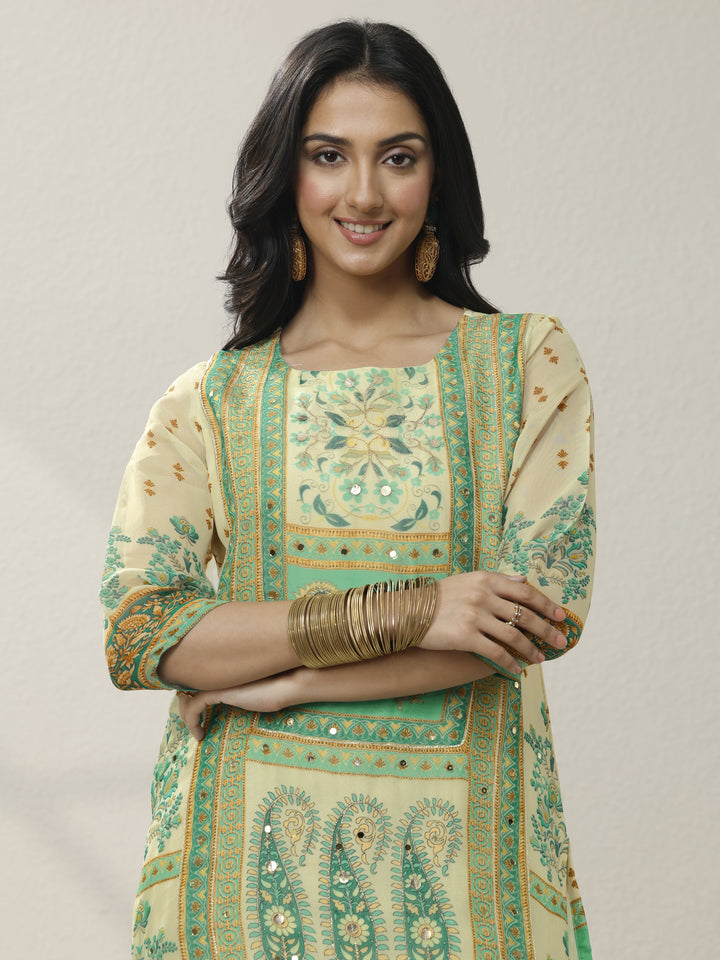 Cream Printed Organza Straight Suit Set With Dupatta