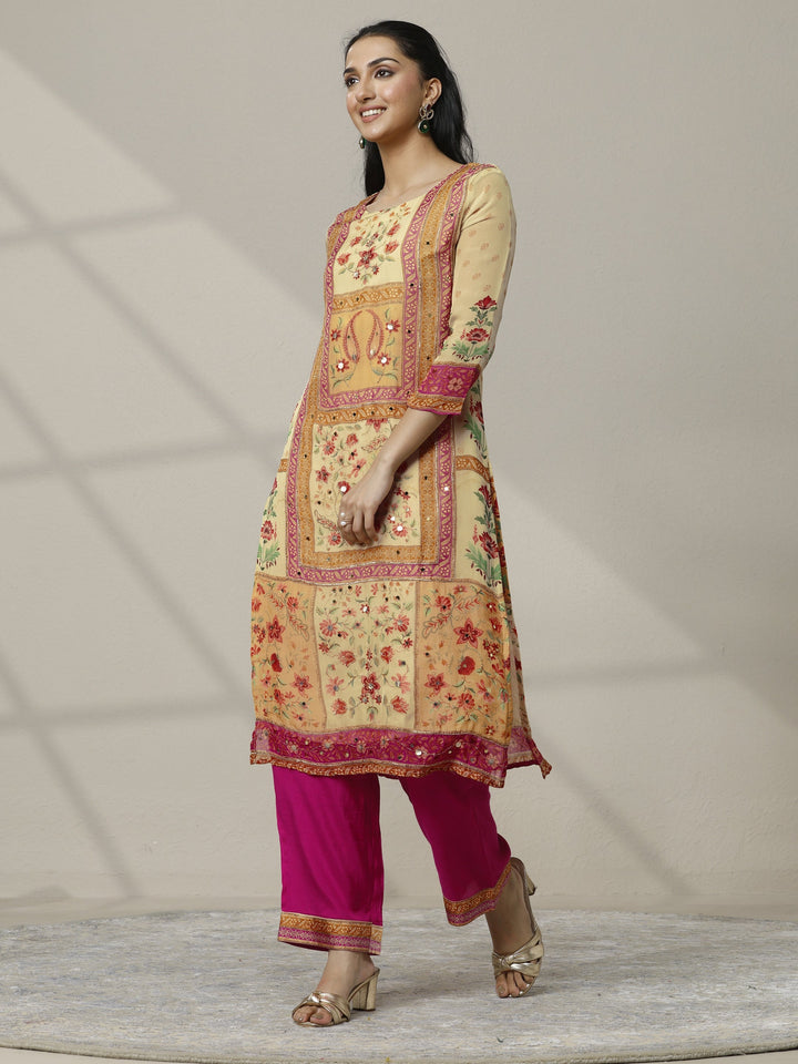 Cream Printed Organza Straight Suit Set With Dupatta