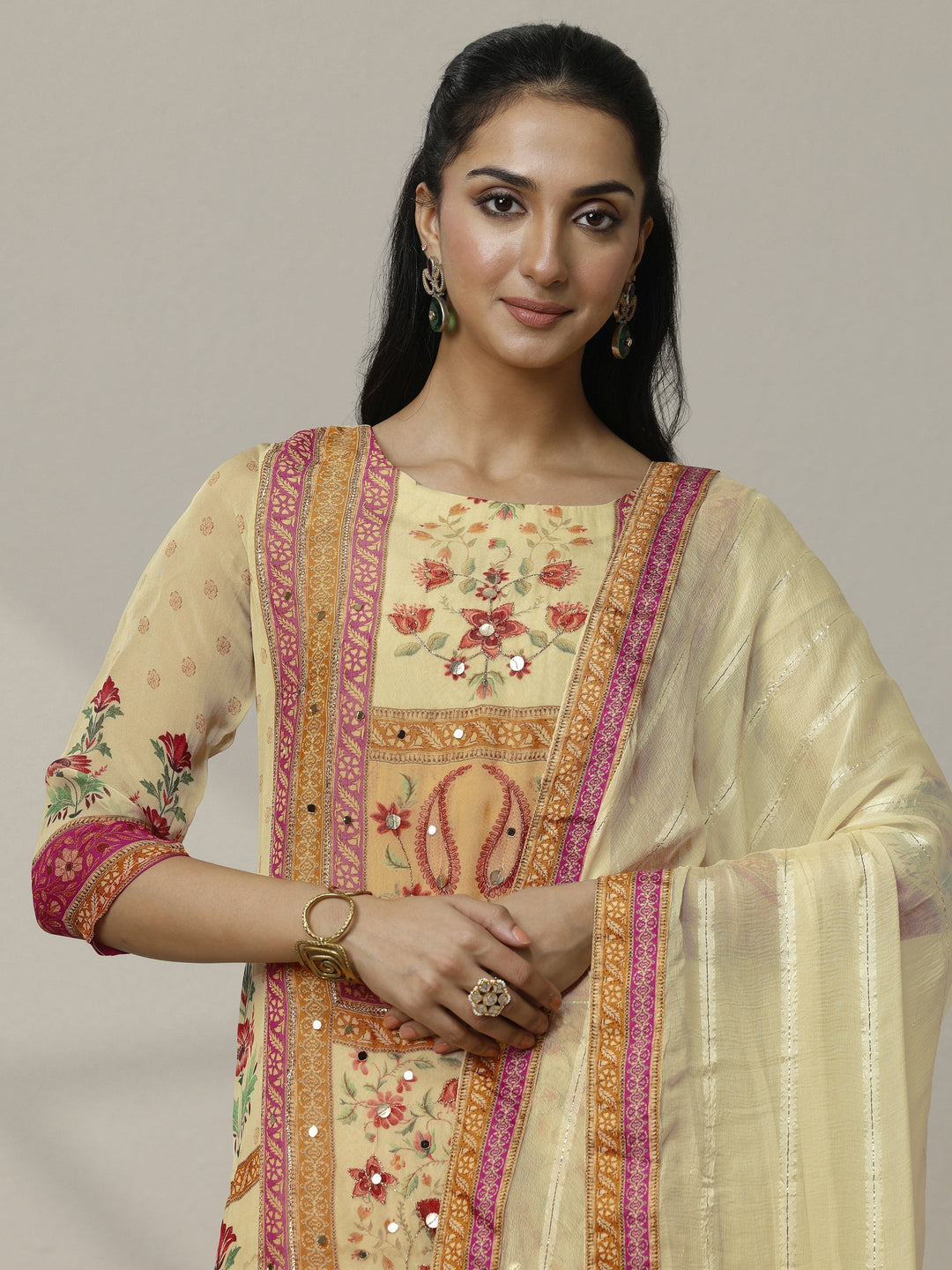 Cream Printed Organza Straight Suit Set With Dupatta