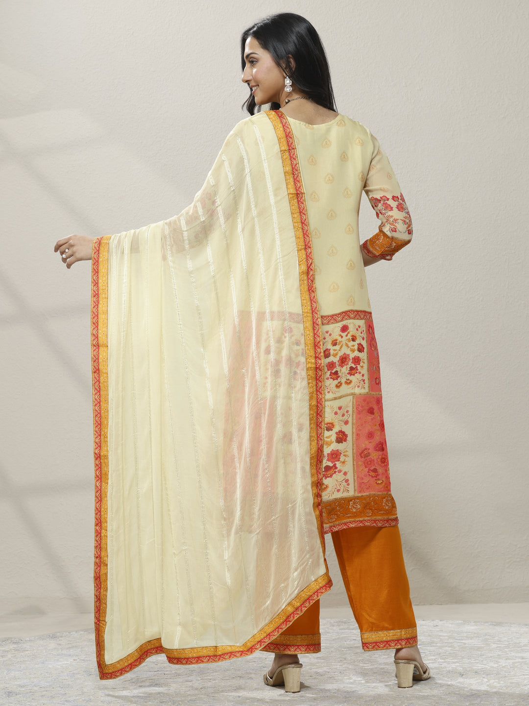Cream Printed Organza Straight Suit Set With Dupatta