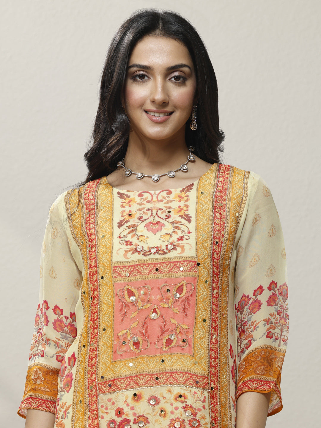 Cream Printed Organza Straight Suit Set With Dupatta