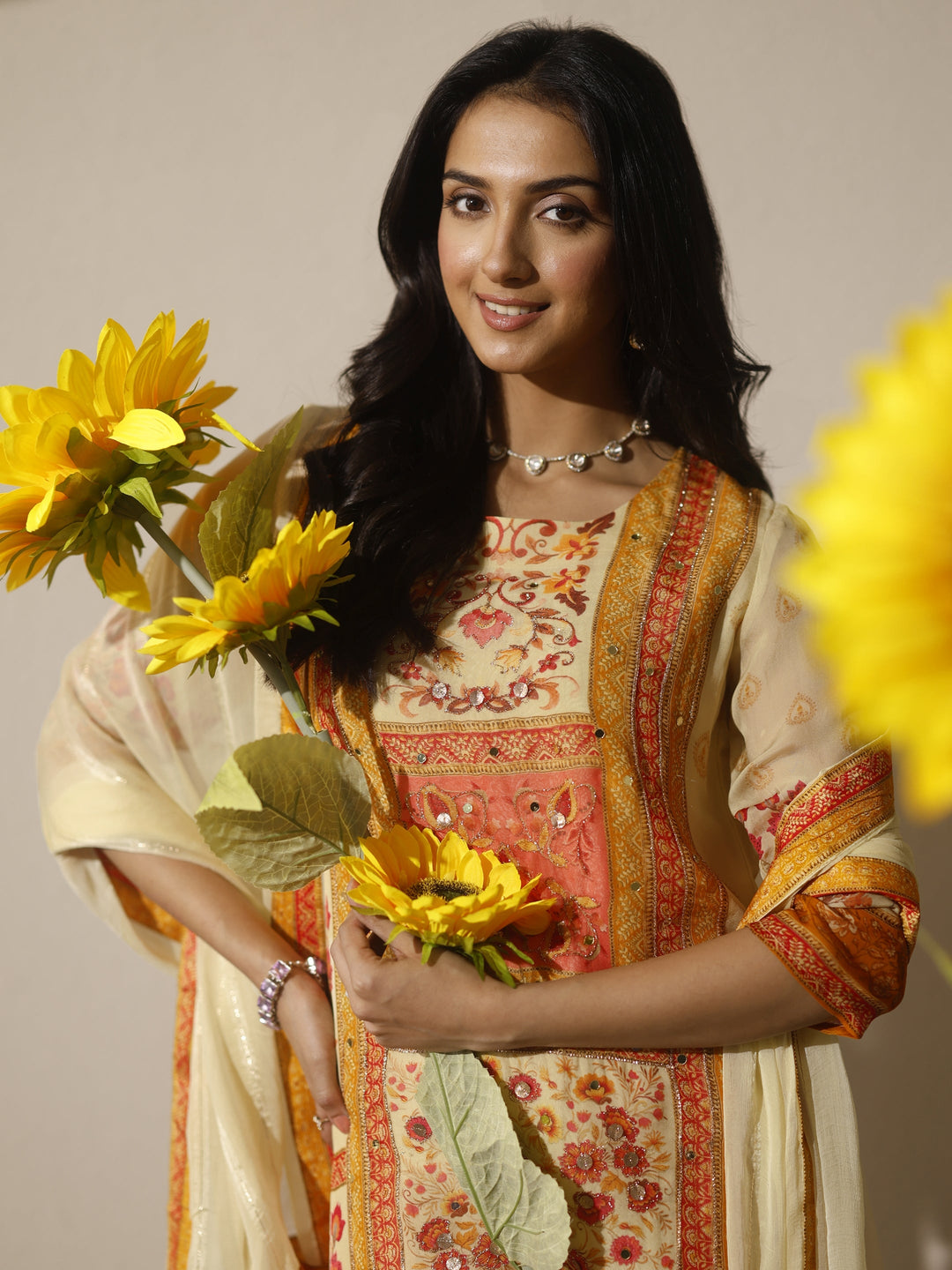 Cream Printed Organza Straight Suit Set With Dupatta