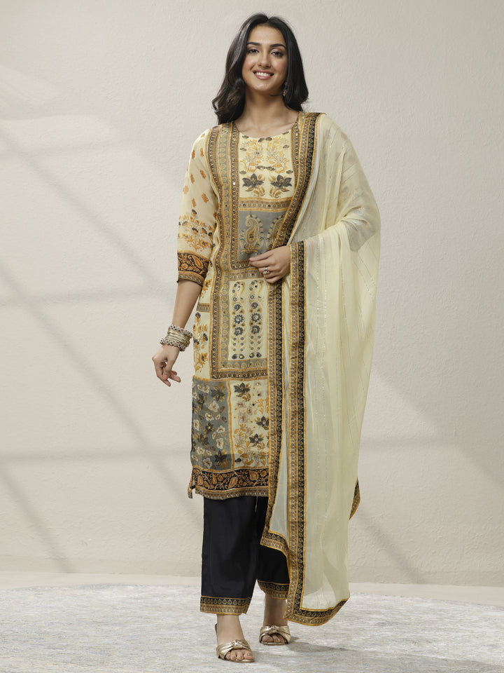 Cream Printed Organza Straight Suit Set With Dupatta