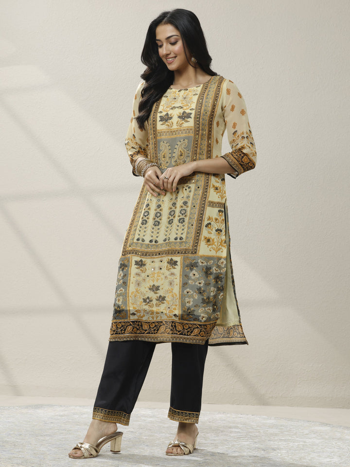 Cream Printed Organza Straight Suit Set With Dupatta