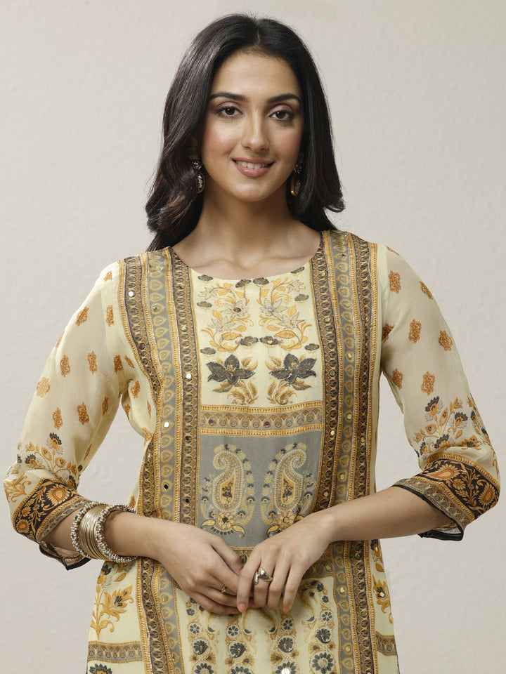 Cream Printed Organza Straight Suit Set With Dupatta