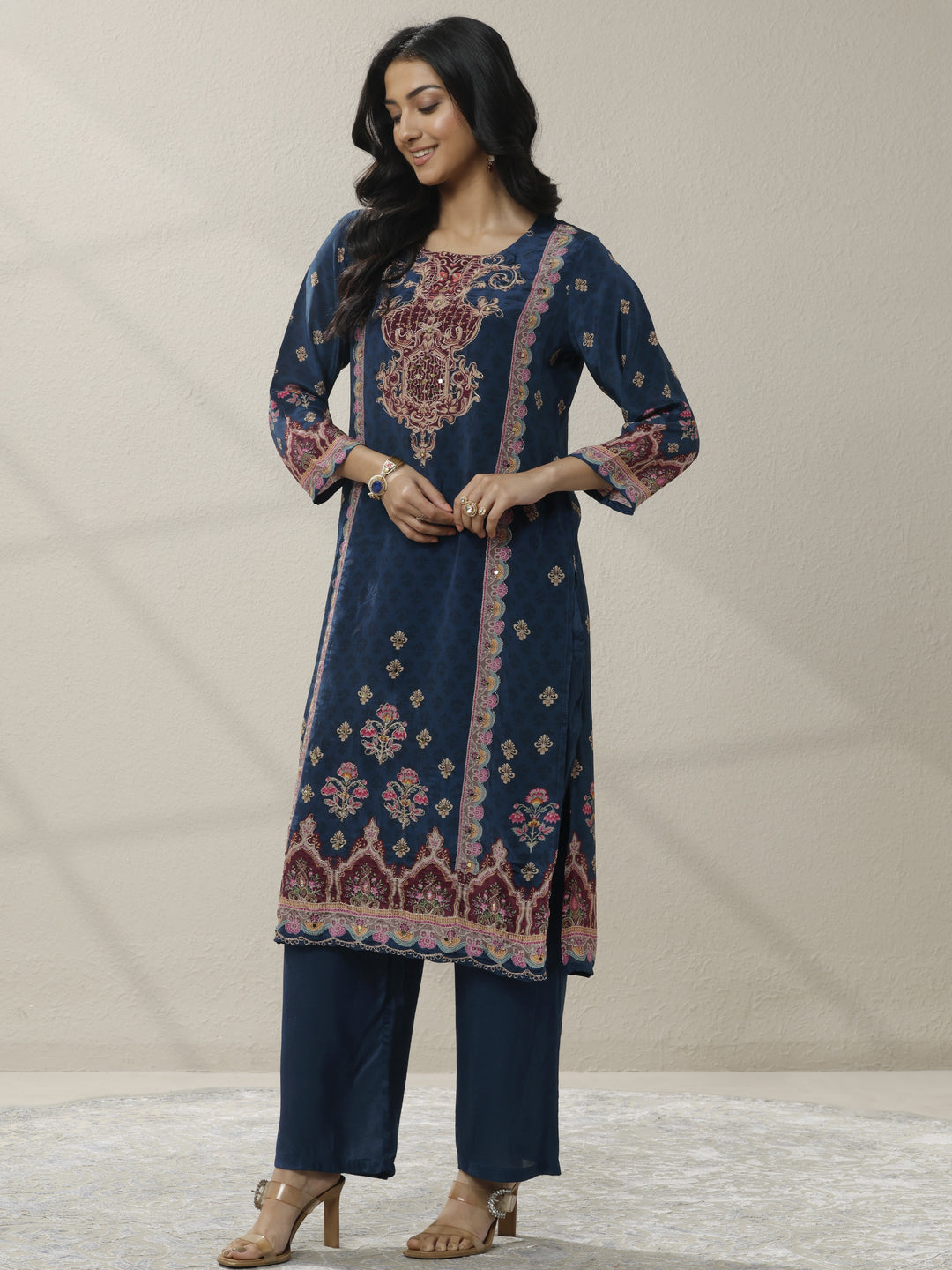 Blue Printed Muslin Straight Suit Set With Dupatta