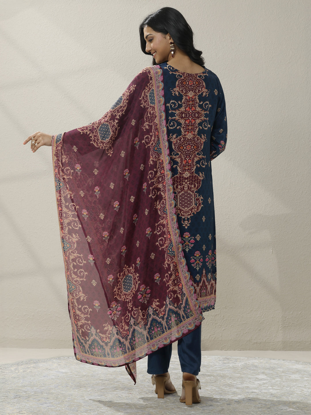 Blue Printed Muslin Straight Suit Set With Dupatta
