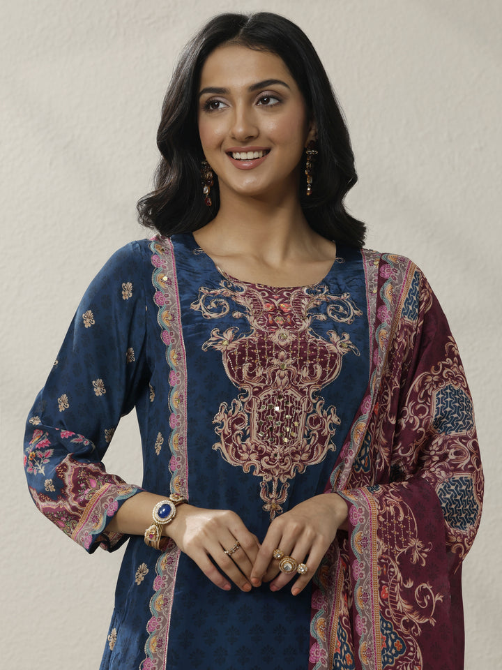 Blue Printed Muslin Straight Suit Set With Dupatta