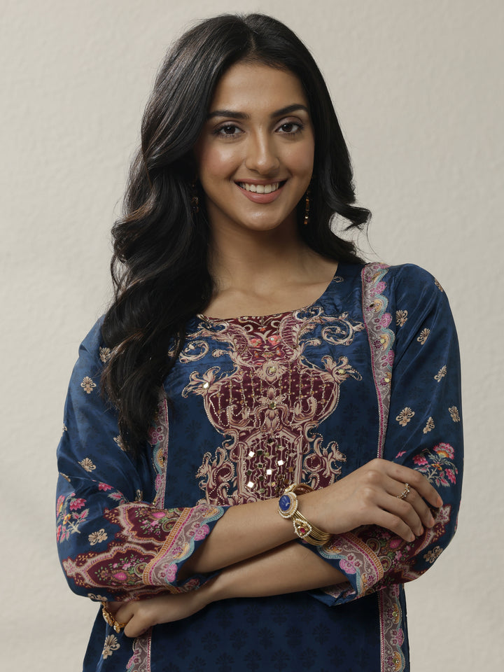 Blue Printed Muslin Straight Suit Set With Dupatta